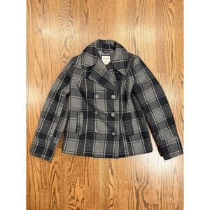 Old Navy Plaid Wool Blend Double Breasted Peacoat Jacket Size Medium Gray Black